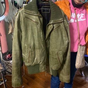 Green leather jacket coat warm